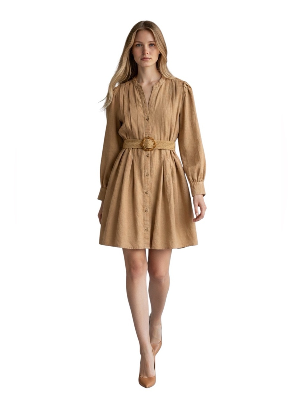 Zara Tan Button-Front Shirt Dress with Woven Belt Sz/L NWT